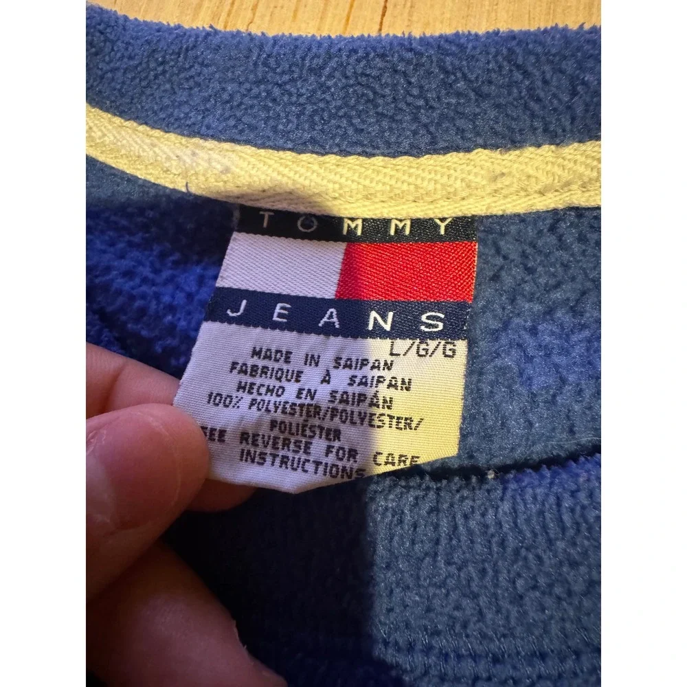 Vintage Tommy Hilfiger Jeans Fleece Sweatshirt Blue Logo Tape Pullover Mens L 37